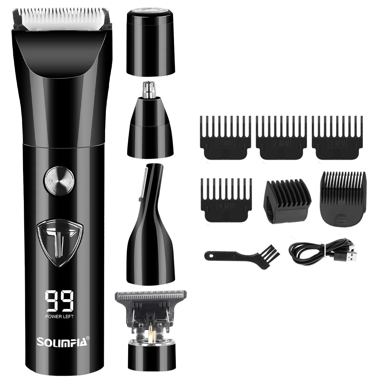 SOLIMPIA  HT-6163  5-in-1 Cordless Electric Hair Clippers MINI Nose Hair Trimmer Facial Grooming Kit for Men
