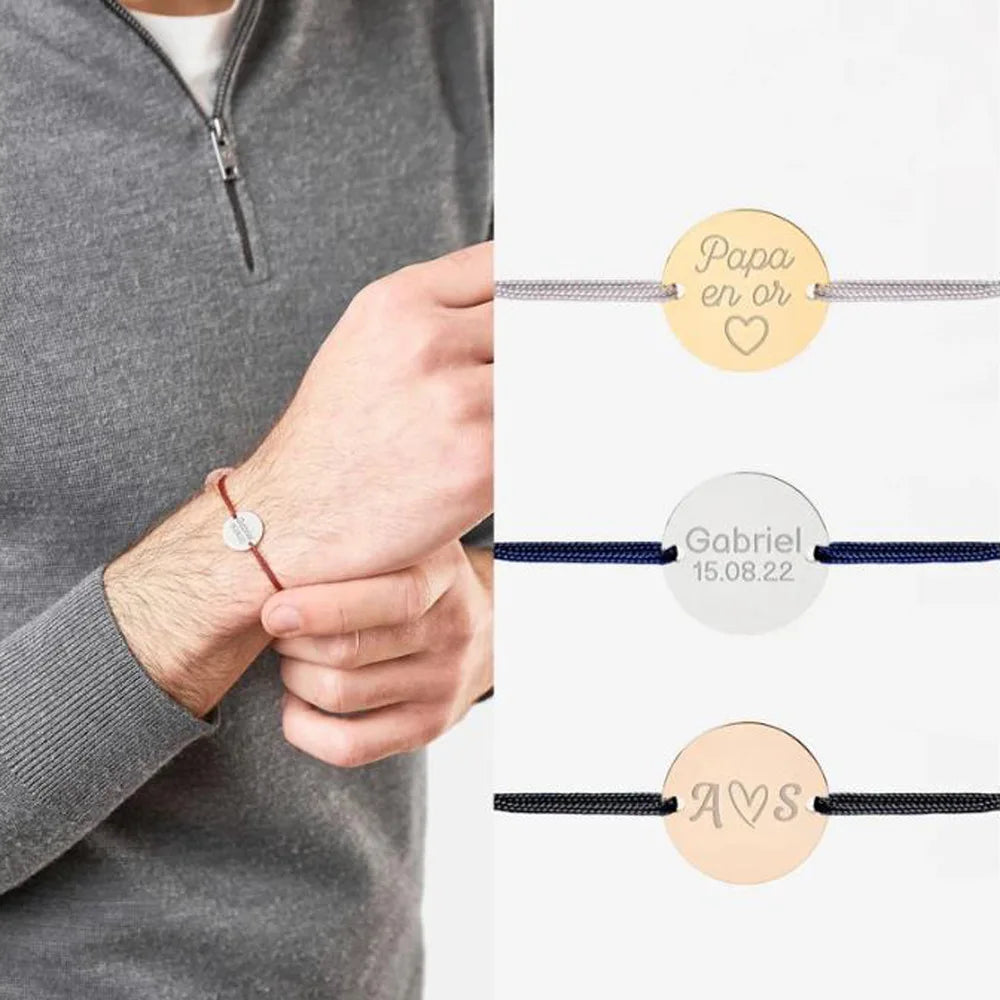 Engraved Stainless Steel Rose Gold 18k Gold Round Disc Charm Rope Bracelet Birthday Gift Engraving Personalized logo Bracelet