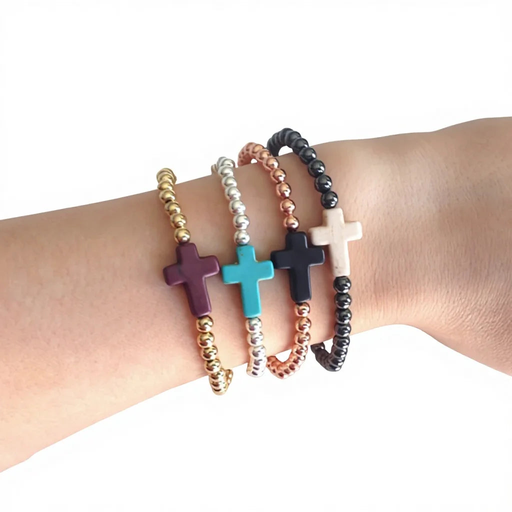BRC2042 Affordable Dainty Gold Plated Turquoise Cross Beaded Bracelets | Elastic Stretch Fashion Jewelry for Women Girls