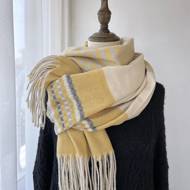 Winter Women's 2023 New Polyester Plaid Scarf Sweet Thick Long Tassel Shawl