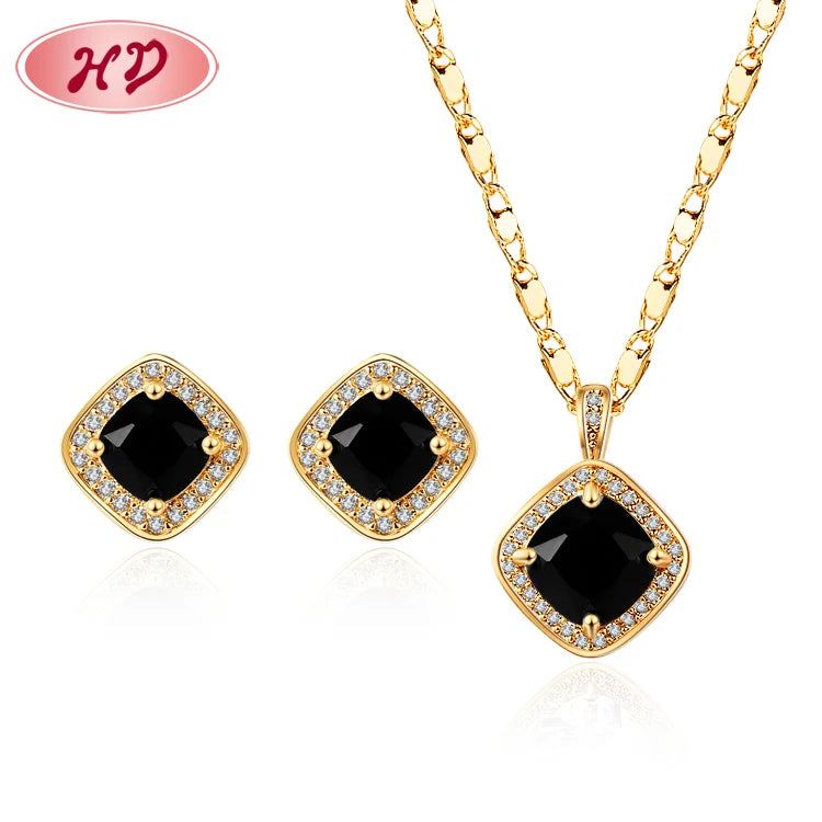 Big Sale Chinese Quality 18k Gold Plated Jewelry Factory Supply Black Cz Stone Necklace and Stud Earring Zirconia Women Set