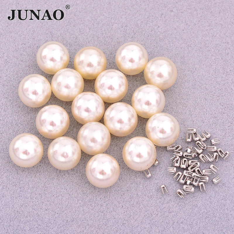 JUNAO Wholesale 4mm 5mm 6mm 8mm Round Peal Beads Appliques Plastic Beige Pearls With Nail for Garment Accessories