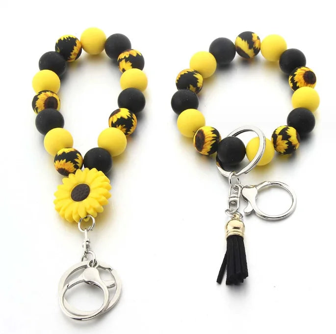 Sunflower Silicone Beads Bracelet Keychain Car Keys Flower Charm Wristlet Key Holder for Women Girls