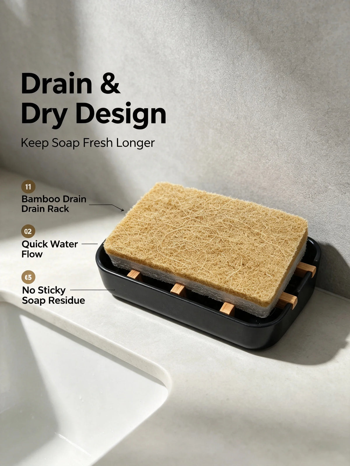Customized Biodegradable Bamboo Soap Dish Holder with Cellulose Scrubber Sponge Kit with Draining Tray for Bathroom Kitchen Sink
