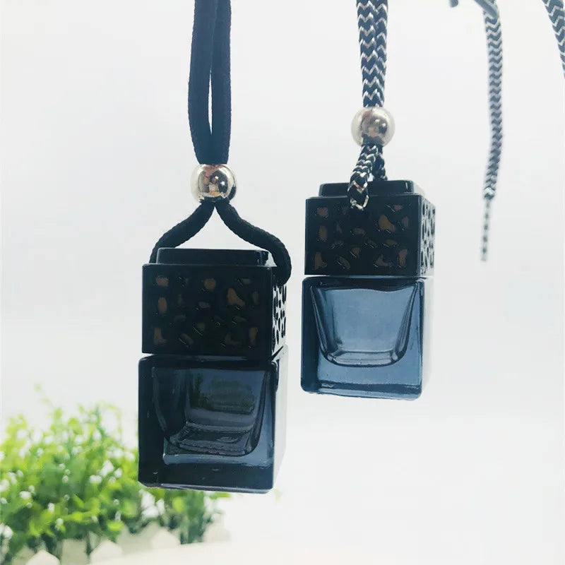 Cube Hollow Car Perfume Bottle Rearview Ornament Hanging Air Freshener for Essential Oils Diffuser Fragrance Empty Glass Bottle