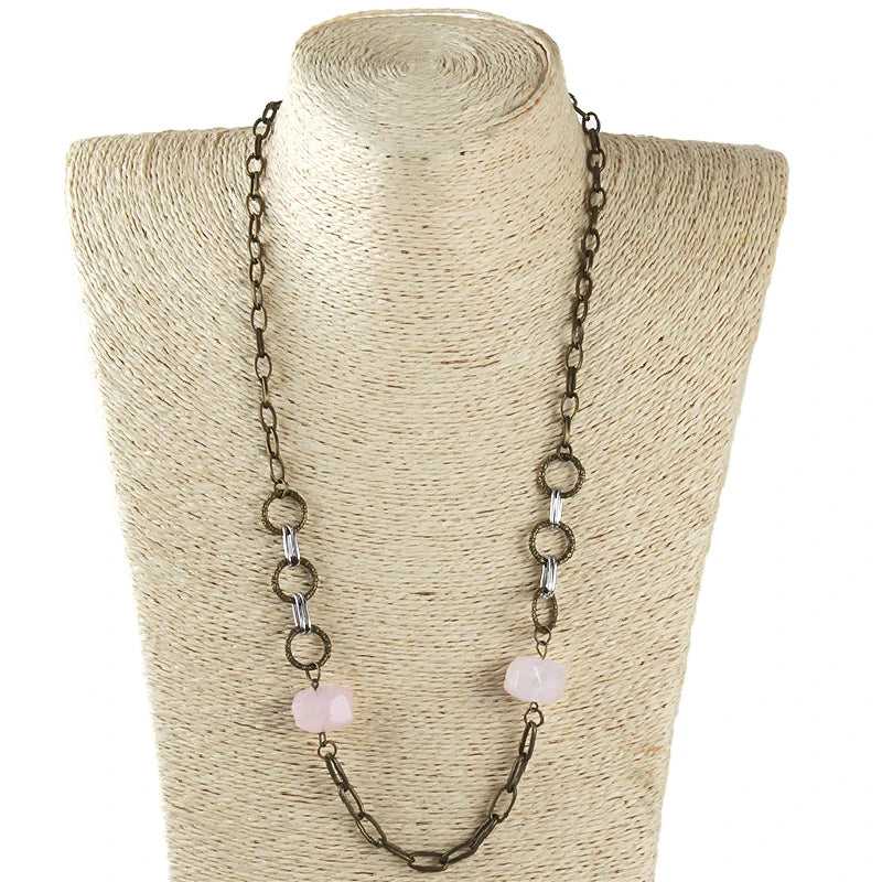 Fashion Delicate Jewelry Gift Antique Bronze Paperclip Link Chain 2 Big Amazonite Natural Stone Gravel  Necklace