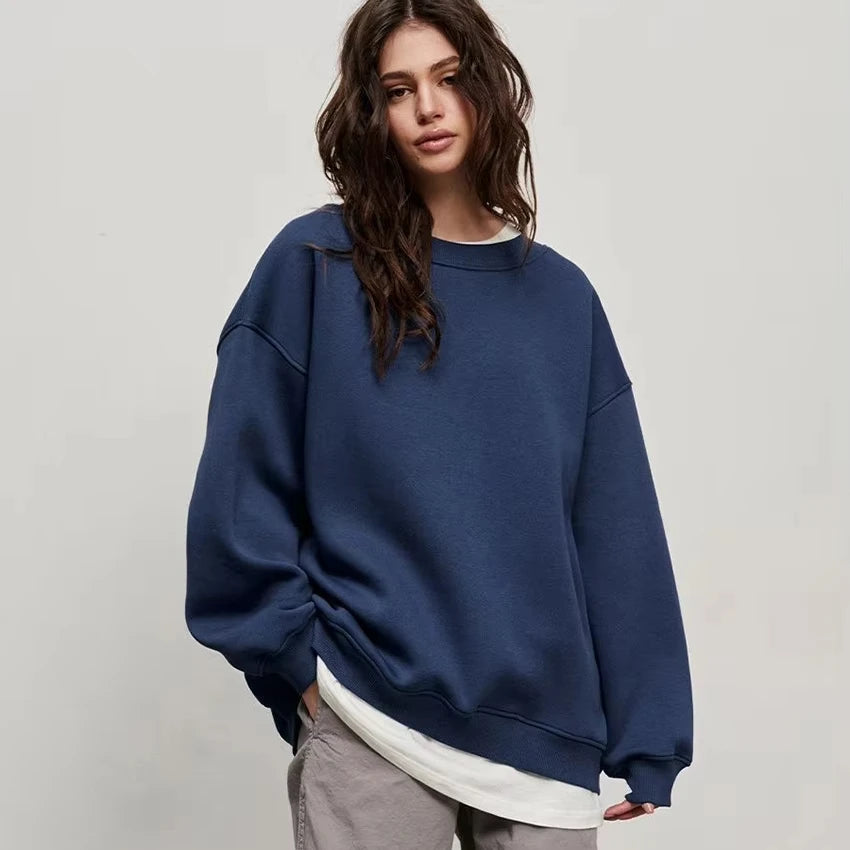 Women's 100% Cotton Oversized Crew Neck Hoodie Breathable Anti-Shrink Ladies Girls' Winter Pullover Sweatshirt Long Autumn Wear MegaBDM