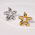 Temperament Flowers Pearl Adjustable Ring Hypoallergenic Gold Plated Delicate Stainless Steel Ring Jewelry