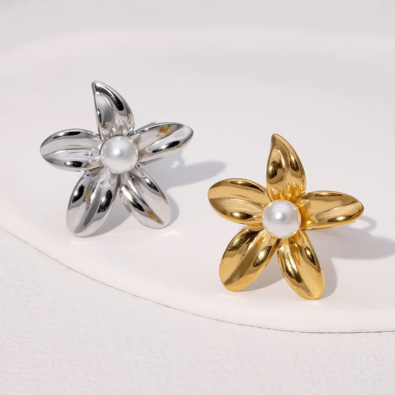 Temperament Flowers Pearl Adjustable Ring Hypoallergenic Gold Plated Delicate Stainless Steel Ring Jewelry
