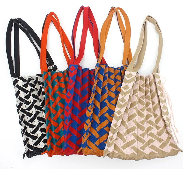 2023 OEM ODM Casual Foldable Pleated Knitted Reusable Tote Shopping Bags for Women Fashionable New Design Vintage Geometric Dual
