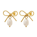 Fashion Fine Stainless Steel Freshwater Pearl Earring 18k Gold Plated Bow Stud Earring