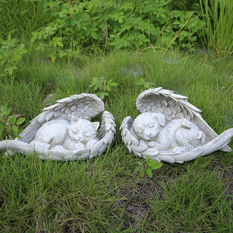 Pet Angel Sleeping Dog Memorial Stone Statue Pet Headstone Grave Markes Resin Cat and Dog Statue for Loss Dog Sympathy Gift
