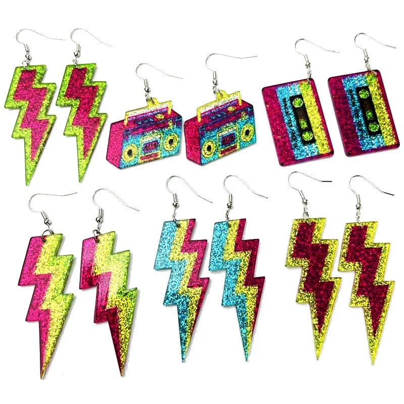 Hip Hop Shiny Acrylic Pendant Earrings Vintage Era Lightning Elements Radio Tape Styled Earrings for Women
