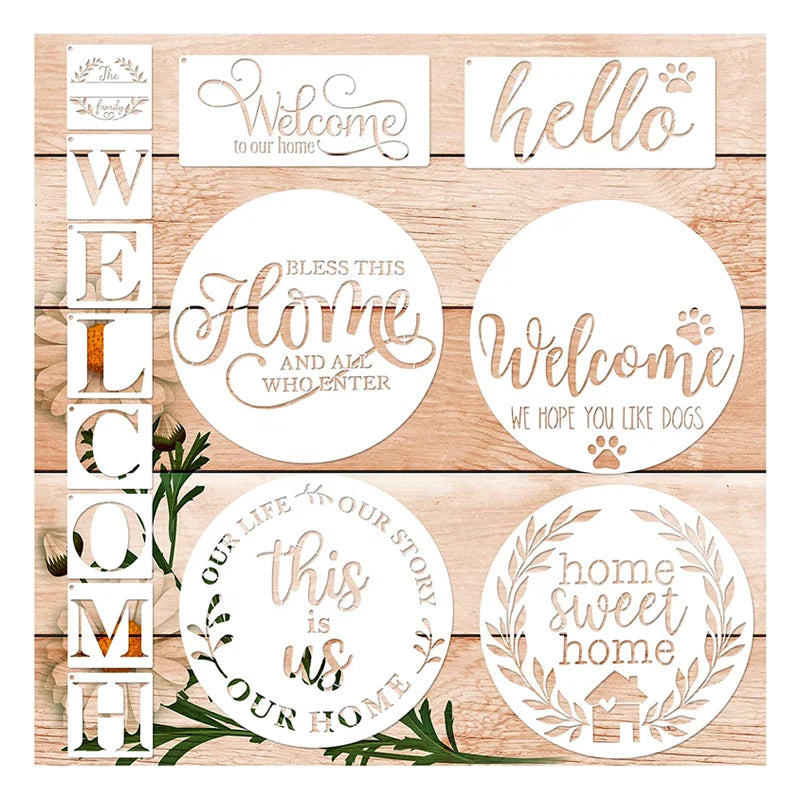 14Pcs Round Pet Farmhouse Stencils for Painting on Wood Reusable Plastic Hello Home Sweet Home Stencil