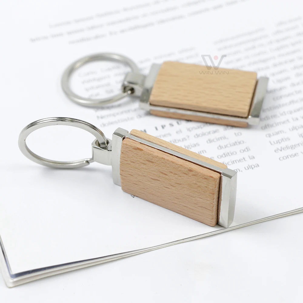 New Luxury Design Blank Double-Sided Wood Metal KeyChain Print Laser Logo Beech Simple Key Accessories Wooden Craft