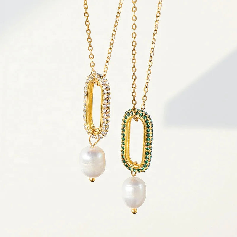 MICCI Wholesale Jewelry Women Stainless Steel 18K Gold Plated Micro Inlaid Zircon Pendant Freshwater White Pearl Necklace