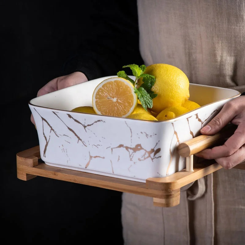 Salad Bowl with Solid Wood Frame Eco-Friendly Customized Ceramic Fruit Bowl Insulation Large Soup Bowl