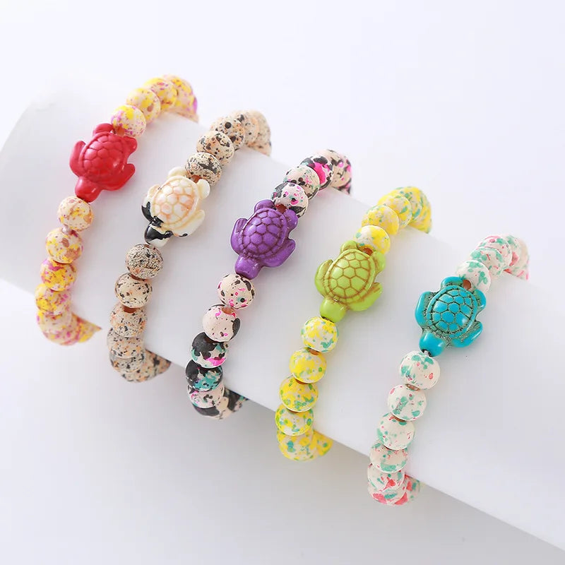 Colorful Wooden Sea Turtle Bead Bracelet Elastic Turquoise Stretch Bracelet Friendship Oceanic Charm Jewelry