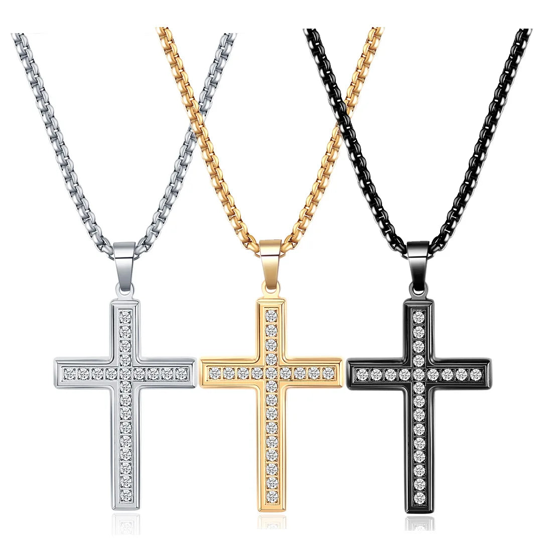 Religious 304 Titanium Steel Cross Necklace Fashion Crystal Zircon Stainless Steel Cross Pendant Necklace for Men