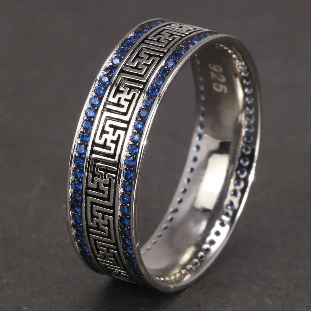 Genuine Sterling Silver 925 Turkish Rings for Men and Women with Blue Round Zircon Retro Punk Rings Fashion Silver Jewelry