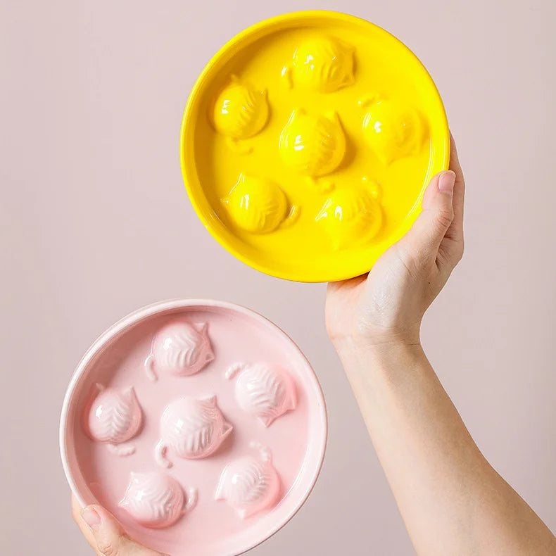 Custom New Design Yellow Elevated Ceramic Pet Cat Slow Bowls Rounded Shape for Dogs