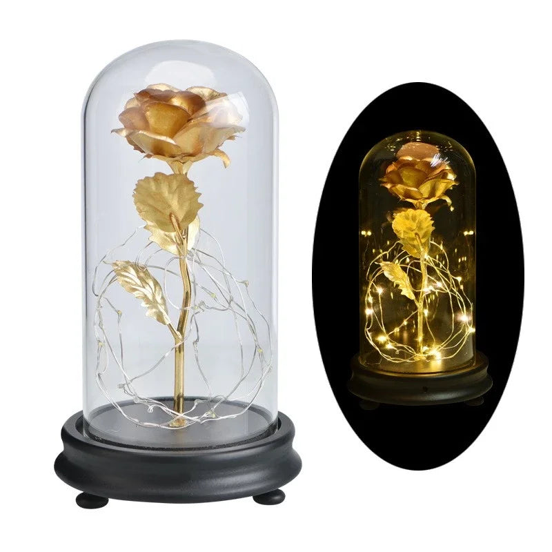 Valentines Day Gift 24k Gold Foil Rose Flower Glass Dome LED  Wood Base galaxy Rose Glass Dome Artificial Wholesale