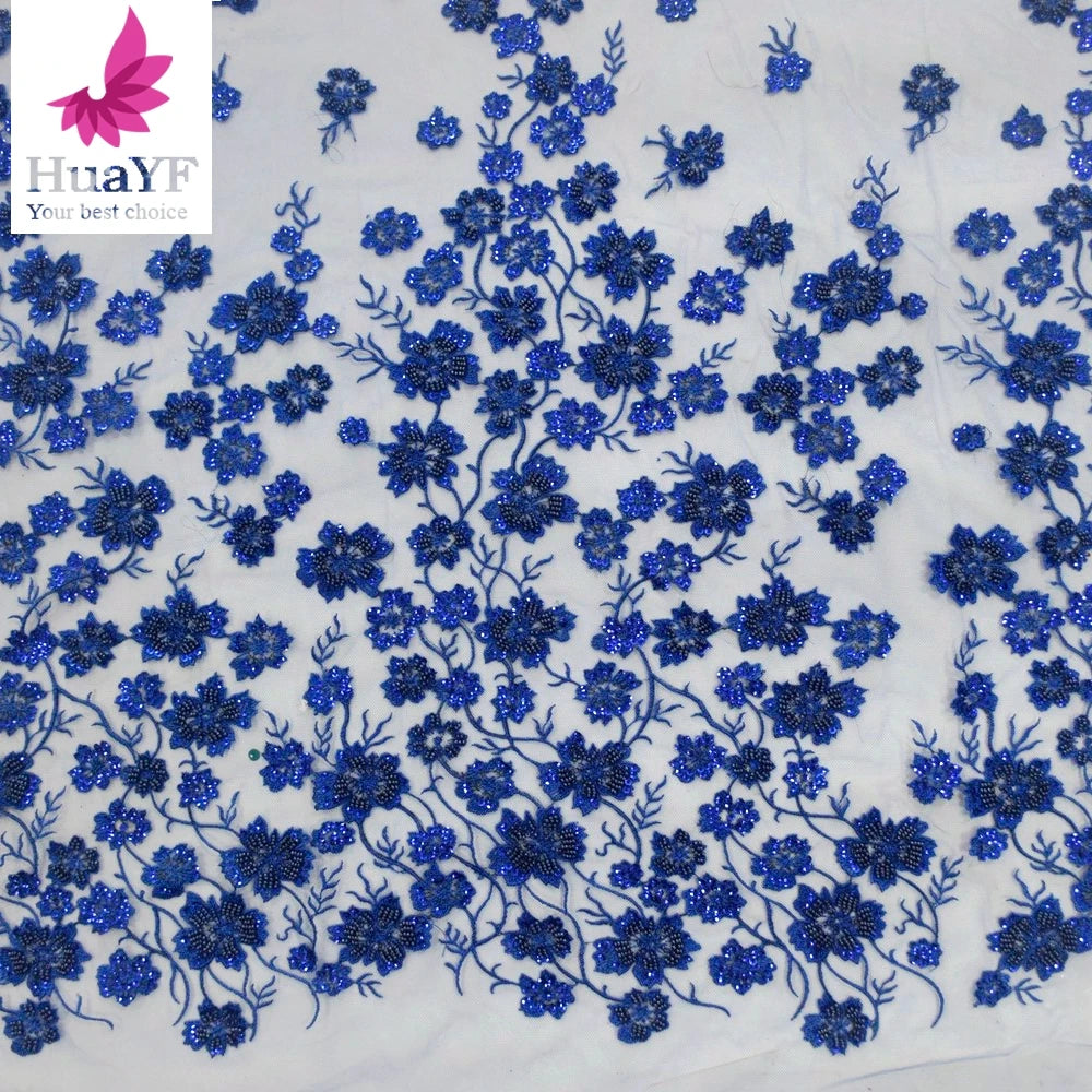 2022 Lace Royal Blue African Wedding Lace Sequence Fabric Sparkle Beaded Wedding Dresses HY1733