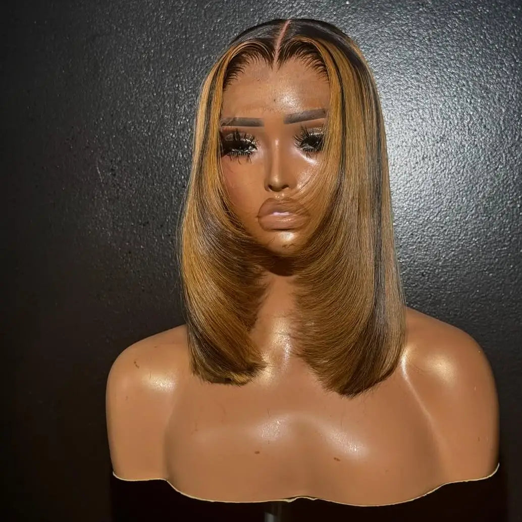 Short Bob Wig 99j Bone Straight Vietnamese Ombre Brown 13*6 HD  13*4 Full Lace Frontal Human Hair Glueless 9*6 Orange Highlight