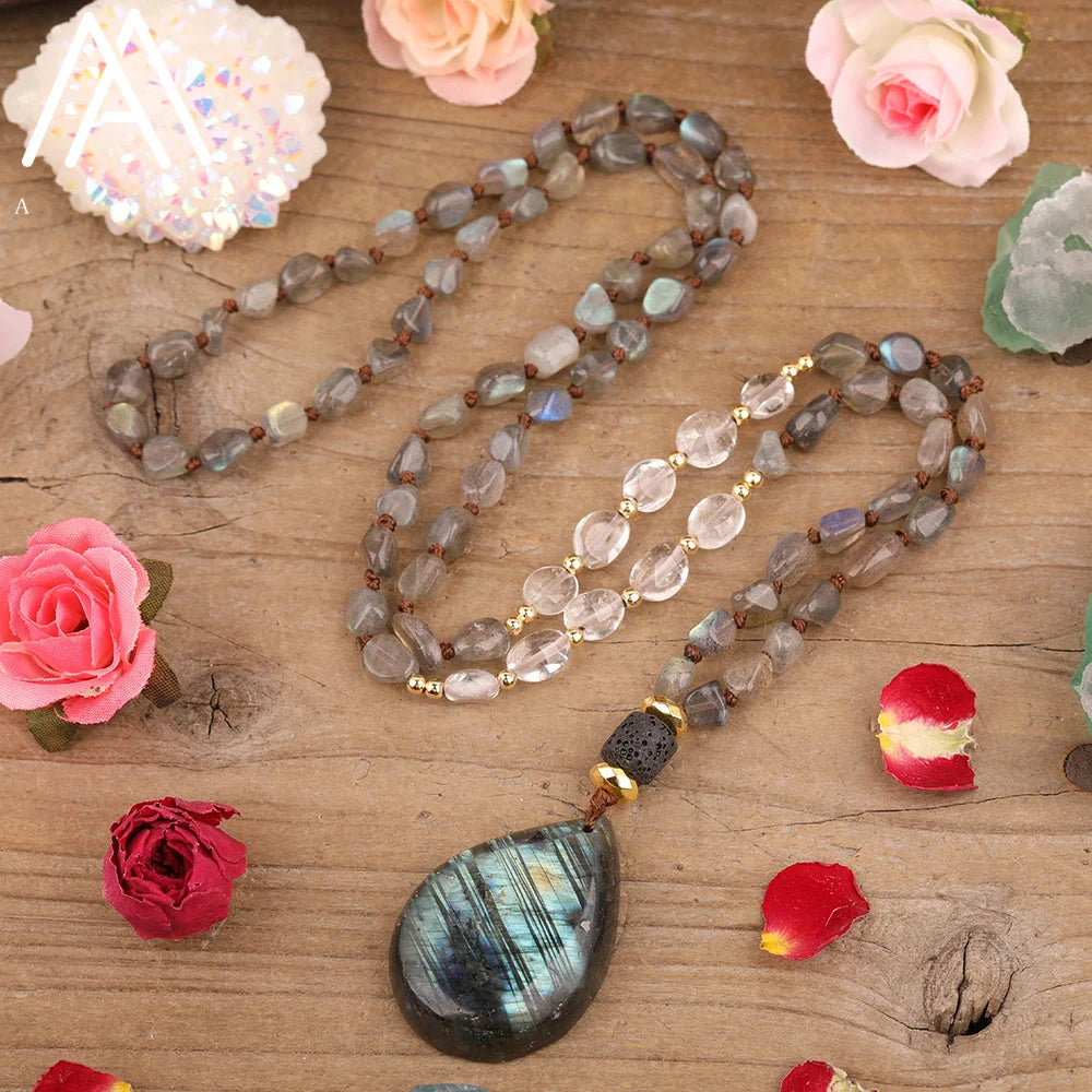 Bohemian Flash Labradorite Mala Necklace for Men Chip Beads with Healing Reiki Chakra Pendant for Wedding and Party Jewelry
