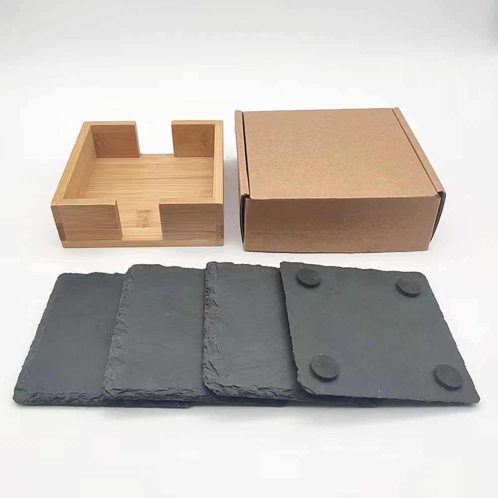 Wholesale Set 4 Pcs Custom Round Black Slate coaster Set with Bamboo Wood Holder