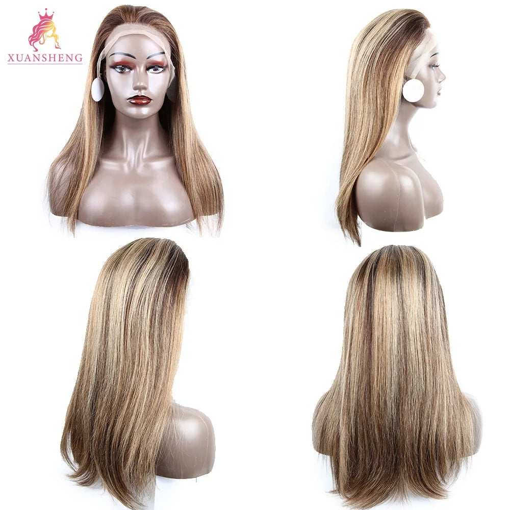 XS Bone Straight Human Hair Transparent Lace Wig Highlight Brown Mix Lace Front Colored Wigs for Black Woman