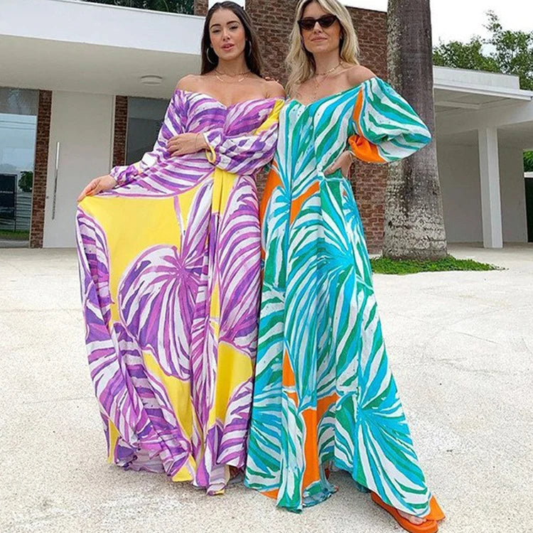 Summer 2023 Womens One Shoulder Long Loose Skirt Colorful Print Design Dress