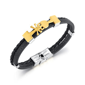 Punk Double Layer Woven Leather Bracelet Titanium Steel Skull Design 18K Gold Plated Stainless Steel Closure Male Jewelry PH1542