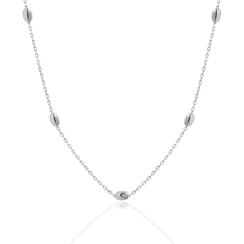WMXT446 Sterling Silver 925 Silver Station Oval Polishing Chain Necklace Oval Bead Station Necklace in S925 Sterling Silver