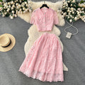 Plus Size High Quality Romantic 2 Piece Set for Women Puff Sleeve Top and High Waist Slim Lace Skirts Set Clothing Wholesale