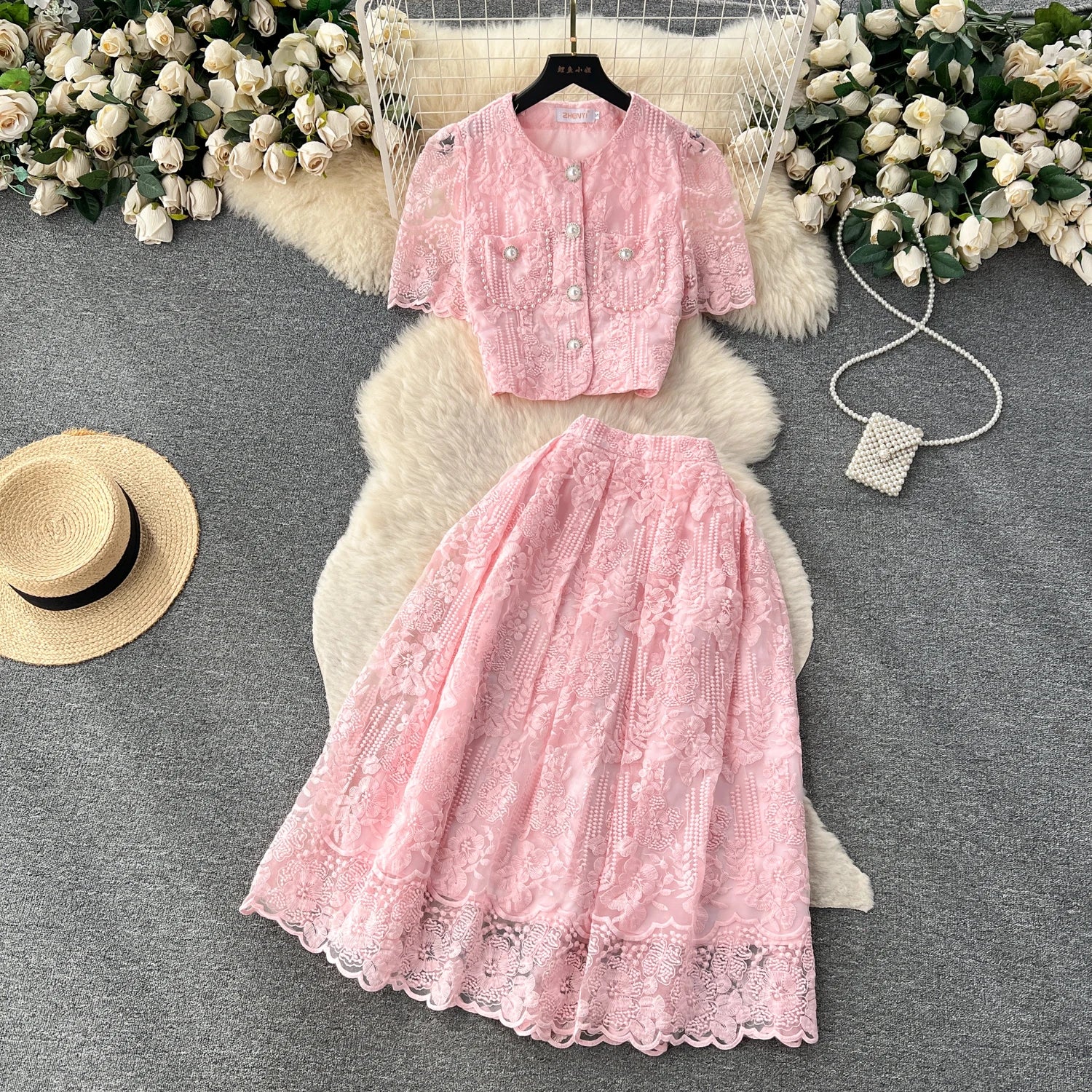 Plus Size High Quality Romantic 2 Piece Set for Women Puff Sleeve Top and High Waist Slim Lace Skirts Set Clothing Wholesale