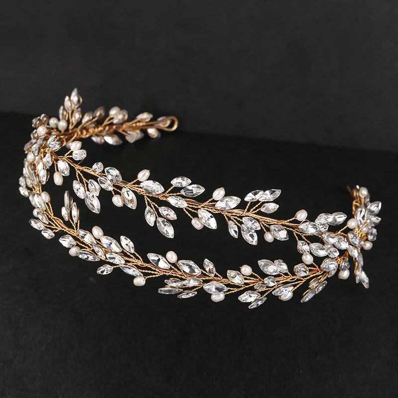 LUOXIN Luxury Handmade Rhinestones Freshwater Pearls Bridal Women Hair Accessories Wedding Headband