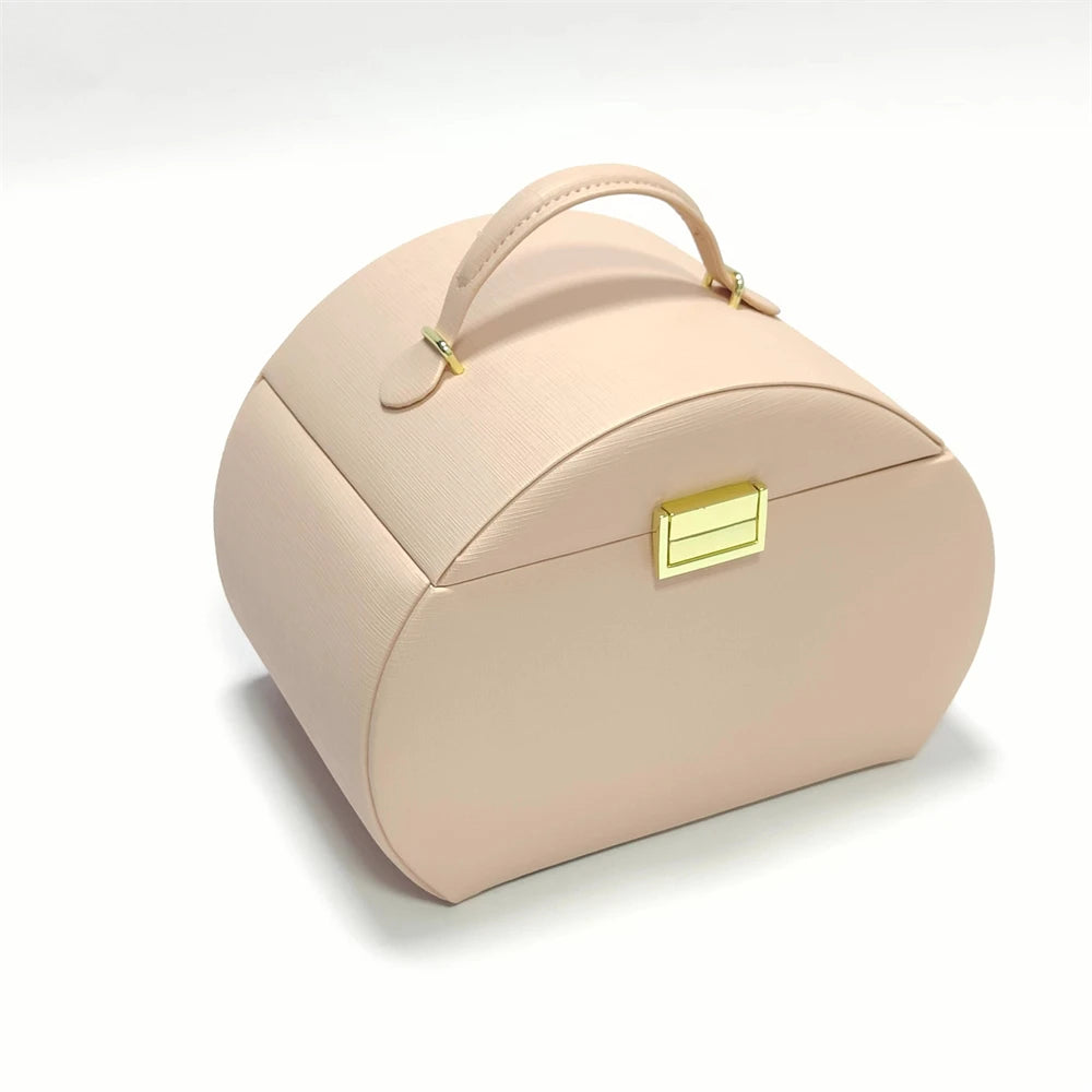 Pink Leather Travel  Accessories  Portable Organizer Box Mirror Jewelry Storage case