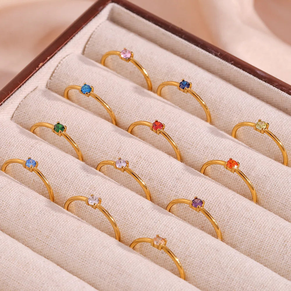 Europe Trendy Multi Color Zircon CZ Rings Luxury Retro PVD 18K Gold Plated Stainless Steel Rings Jewelry for Gifts