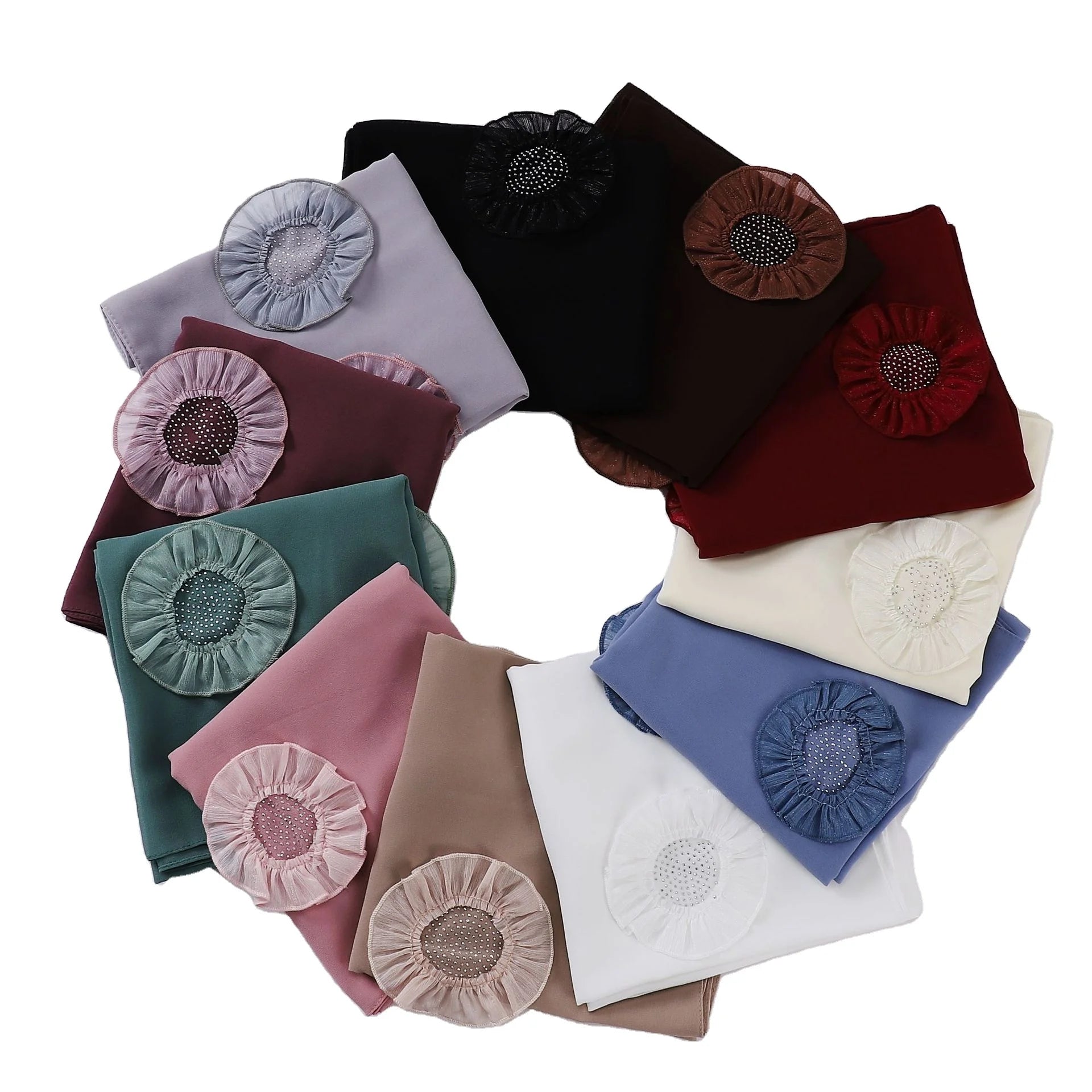 New Pearl Chiffon Malaysian Scarf Round Pleated Flower Headband for Women Shawl Hijab