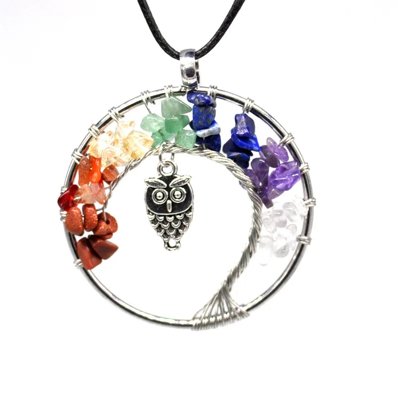 Fashion Owl Pendants Natural Stone 7 Chakra Tree of Life Crystal Gravel Healing Pendant Necklace Gemstone Jewelry