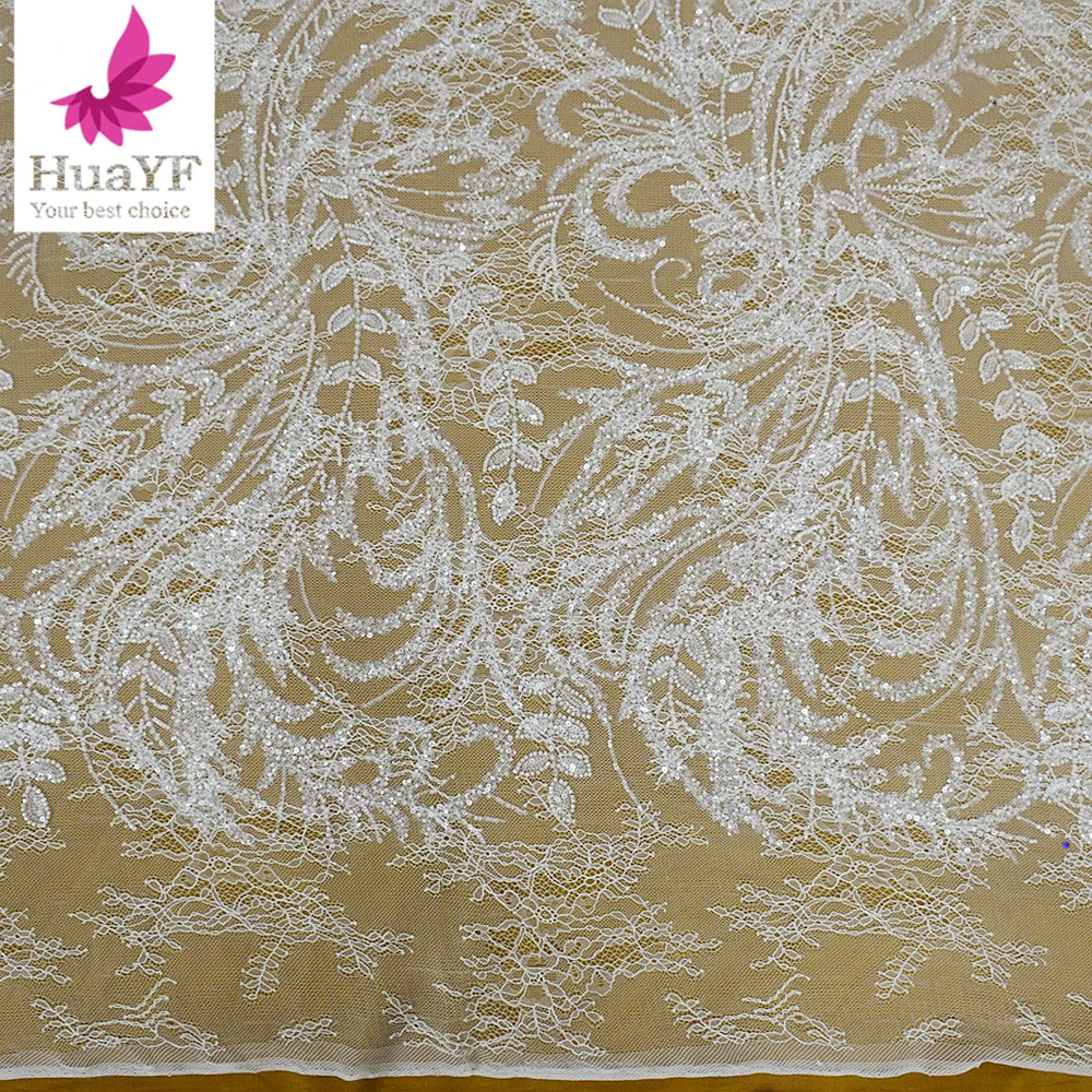 HY2410 White Chantilly Lace Fabric French Tulle Beaded Sequined Lace Fabric for Wedding Evening Dress From Factory