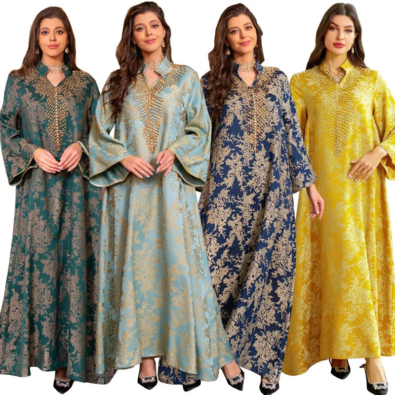 AB350 Trendy Design Muslim Women Dress Jacquard Embroidered Beaded Kaftan Dresses Women Arab Dubai Robe Muslim Evening Dresses