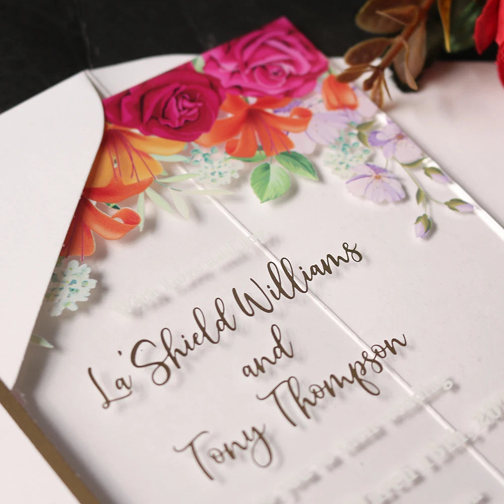 Custom UV Printed Romantic Flower Party Clear Acrylic Invitations Luxury Handmade Wedding Invitation Cards Made High Paper