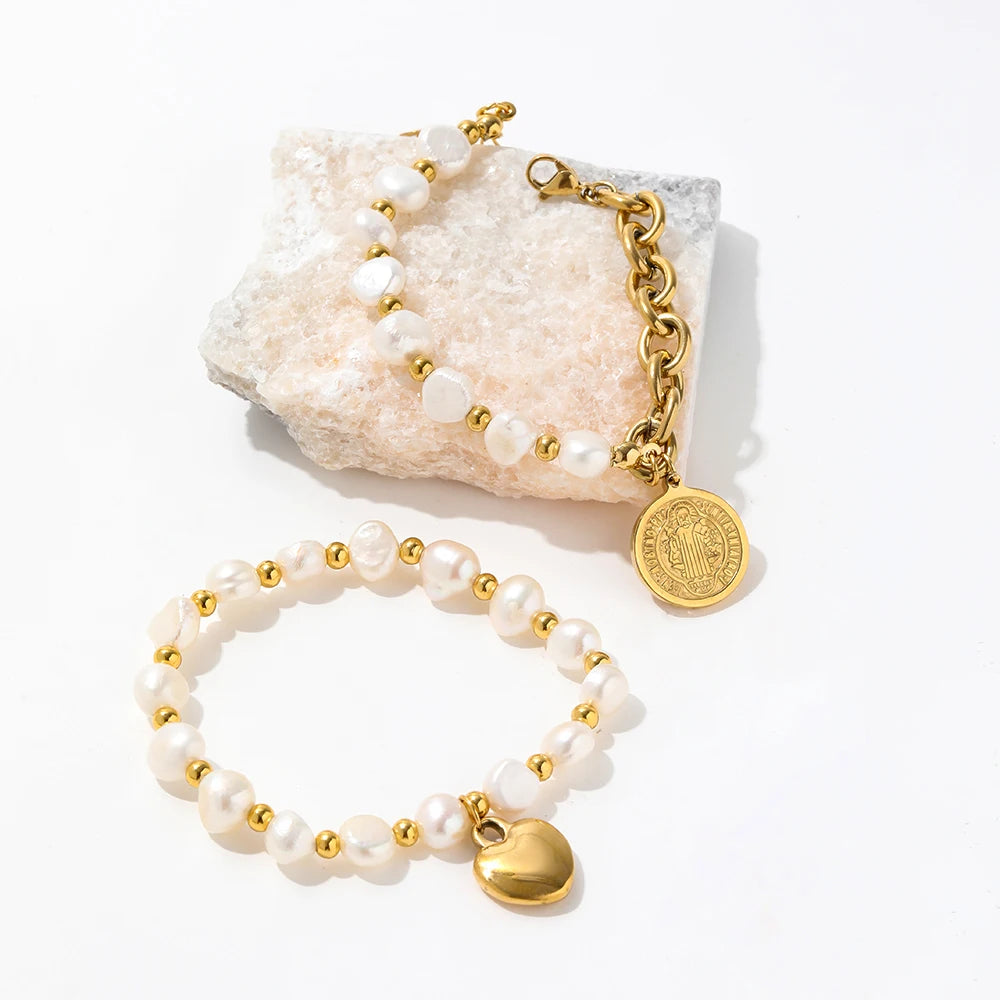 Fenny 18K PVD Gold Plated Irregular Pearl Heart Mixed Chain Bracelet Trendy for Women Stainless Steel Jewelry Wholesale