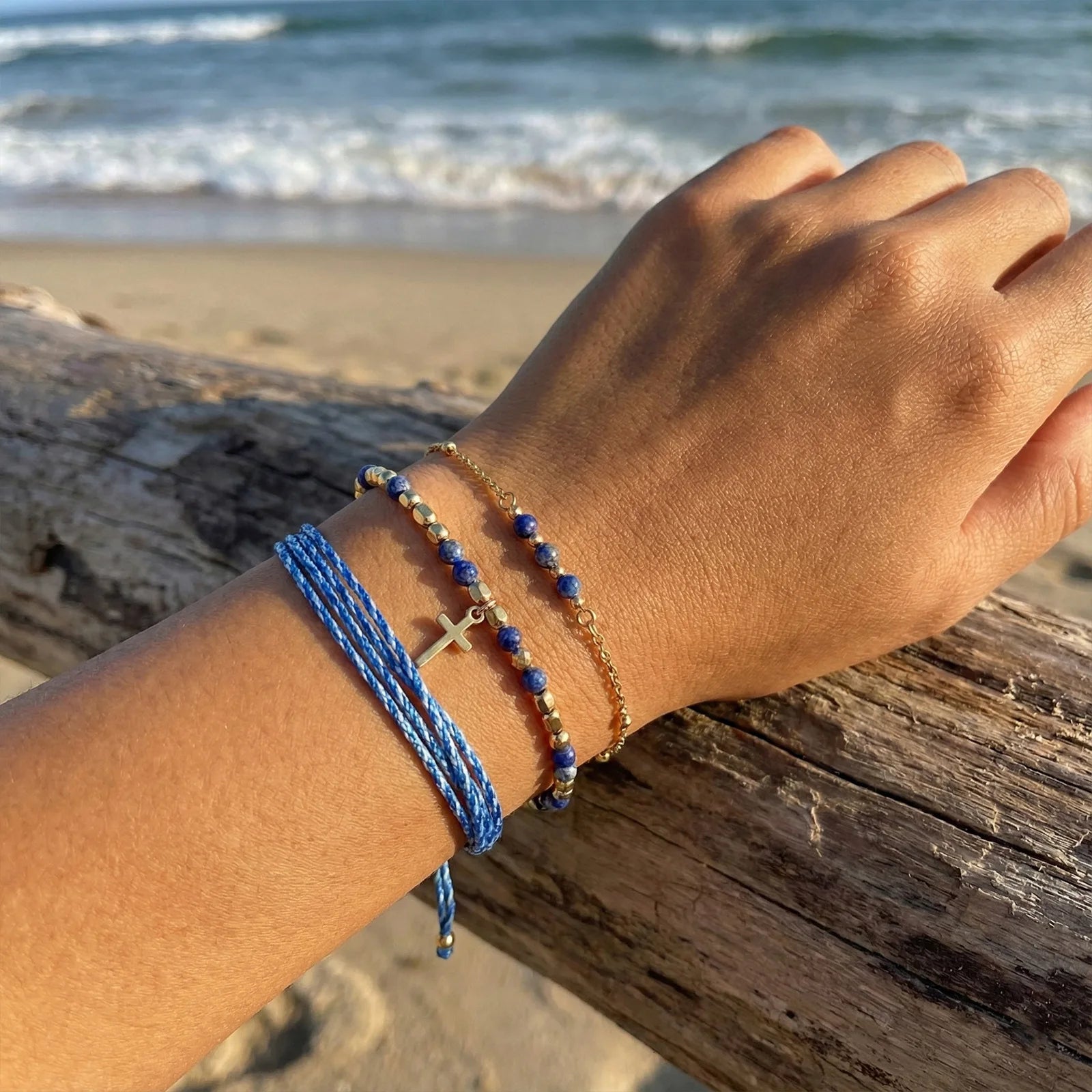 Summer Beach Jewelry Set Women Handmade Blue Wax Cord Gold Plated Cross Charm Lapis Lazuli Natural Stone Bracelet Bangle Gift