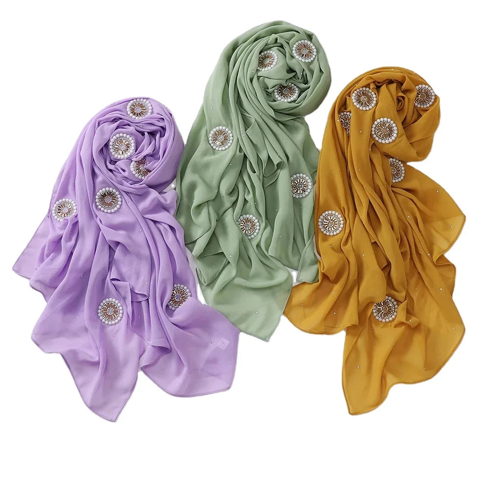 2023 Hot Selling JiYun Pure Color Chiffon Hijab Cap Colorful Rhinestone Design Soft Multi-function 70x175cm for Women Spring