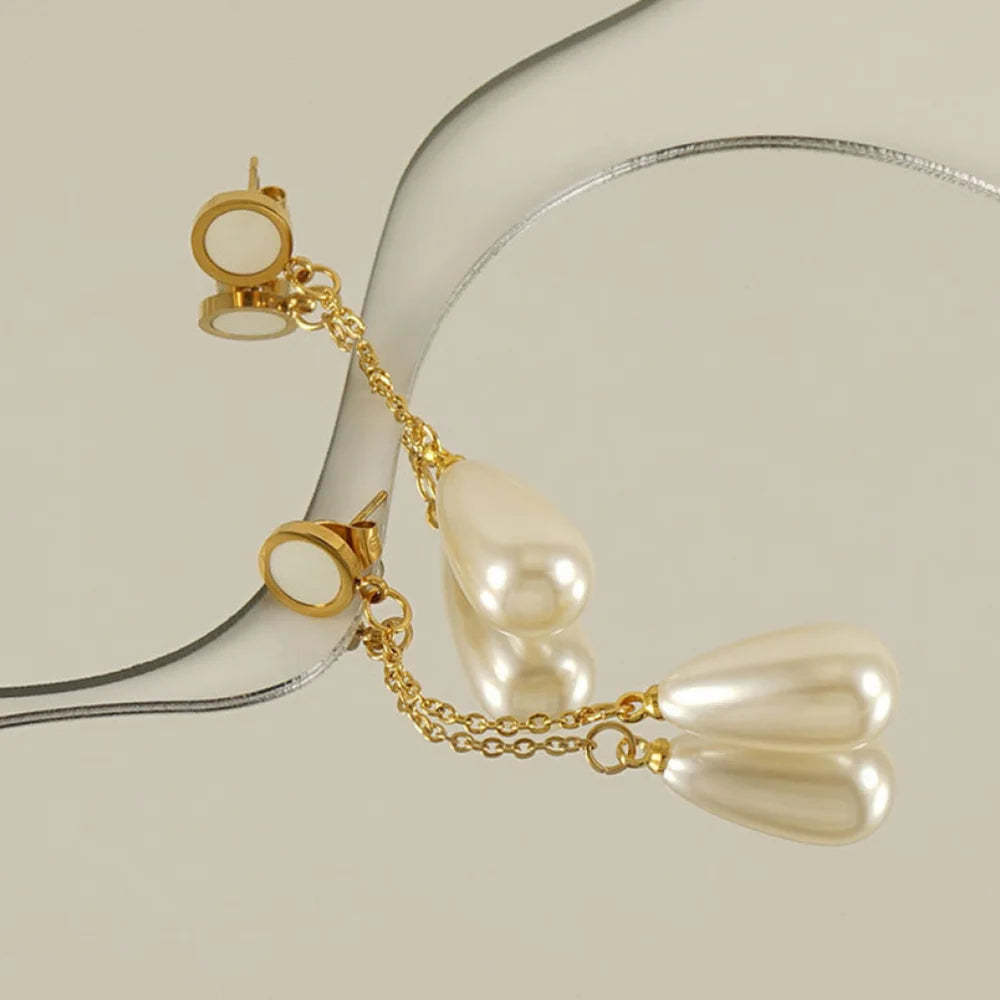 Statement Shell Pearl Earrings 18K Gold Plated Long Teardrop Pearl Dangle Earrings Jewelry for Women Party