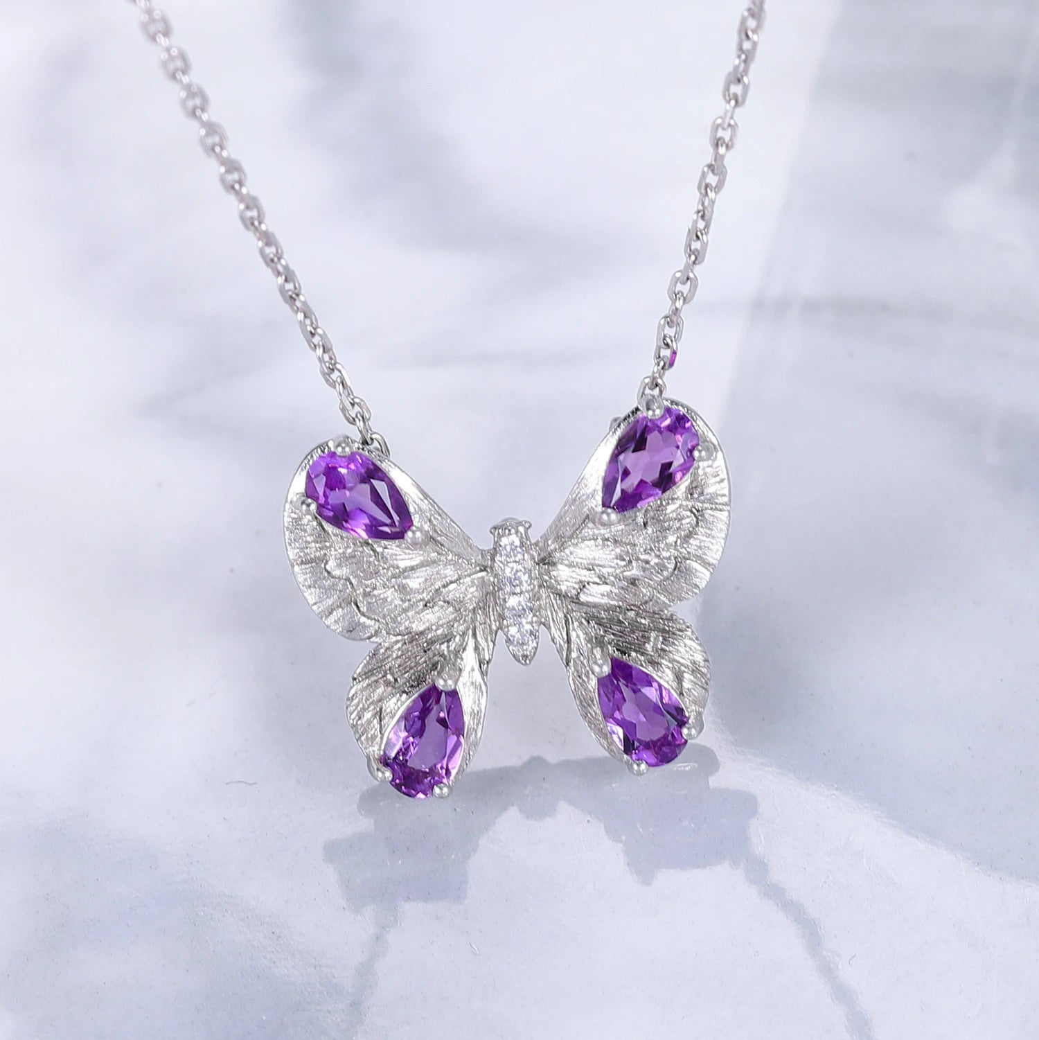 C8111 Abiding Jewelry Good Selling Pear Cut 3X5mm Natural Amethyst Butterfly Women Jewelry Pendant Sterling Silver Necklace