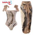 Vintage Adjustable Strap Bathing Suit Bodysuit Matching Cover-up Women Swimwear One Piece Swimsuit With Long Skirt Cover up